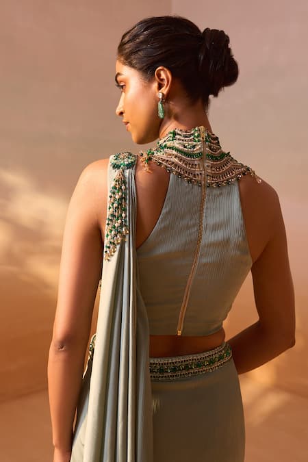 Buy_Nitika Gujral_Green Satin, Net Pearls, Sequins, Beads Jewelled Blouse With Pre-draped Saree 