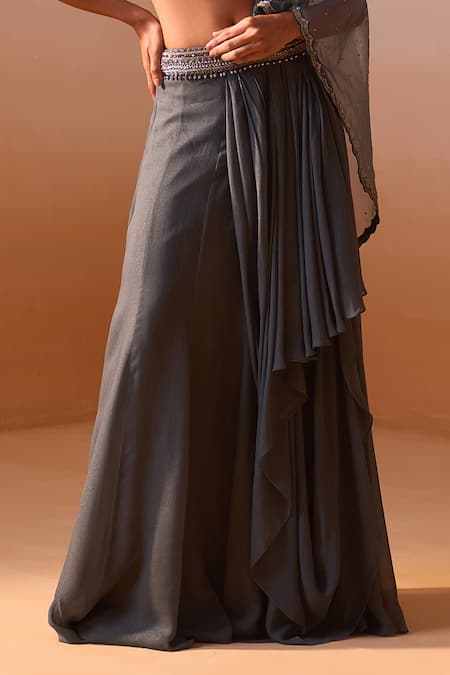 Nitika Gujral_Grey Georgette, Net Embroidery Asymmetric Gunmetal Pre-draped Saree With Blouse _Online_at_Aza_Fashions