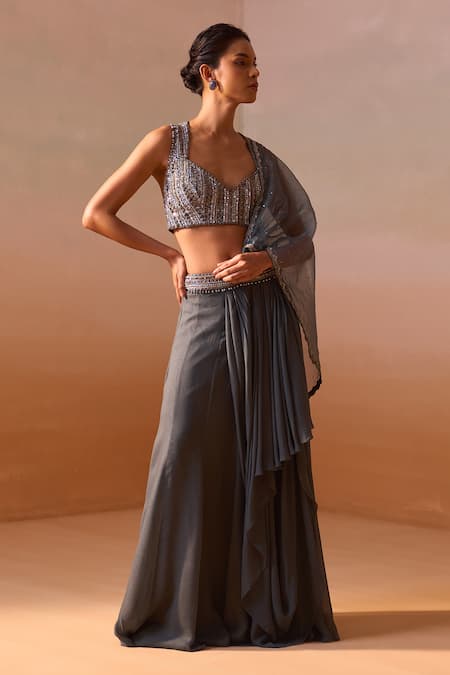 Buy_Nitika Gujral_Grey Georgette, Net Embroidery Asymmetric Gunmetal Pre-draped Saree With Blouse _Online_at_Aza_Fashions