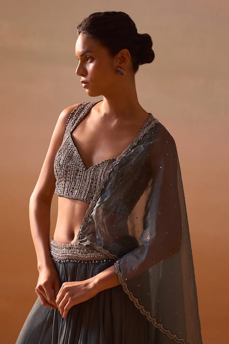 Shop_Nitika Gujral_Grey Georgette, Net Embroidery Asymmetric Gunmetal Pre-draped Saree With Blouse _Online_at_Aza_Fashions