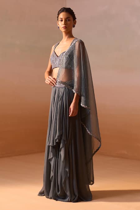 Nitika Gujral_Grey Georgette, Net Embroidery Asymmetric Gunmetal Pre-draped Saree With Blouse _at_Aza_Fashions