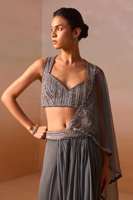 Buy_Nitika Gujral_Grey Georgette, Net Embroidery Asymmetric Gunmetal Pre-draped Saree With Blouse 