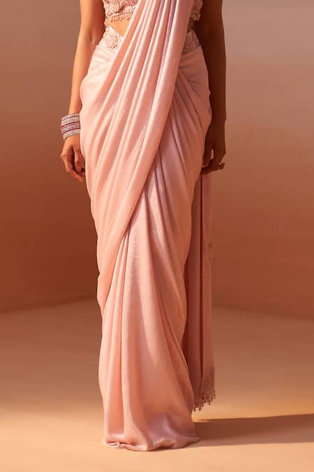 Nitika Gujral_Pink Organza, Satin, Silk 3d Rosa Embellished Blouse With Pre-draped Saree _Online_at_Aza_Fashions