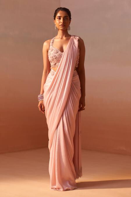 Buy_Nitika Gujral_Pink Organza, Satin, Silk 3d Rosa Embellished Blouse With Pre-draped Saree _Online_at_Aza_Fashions