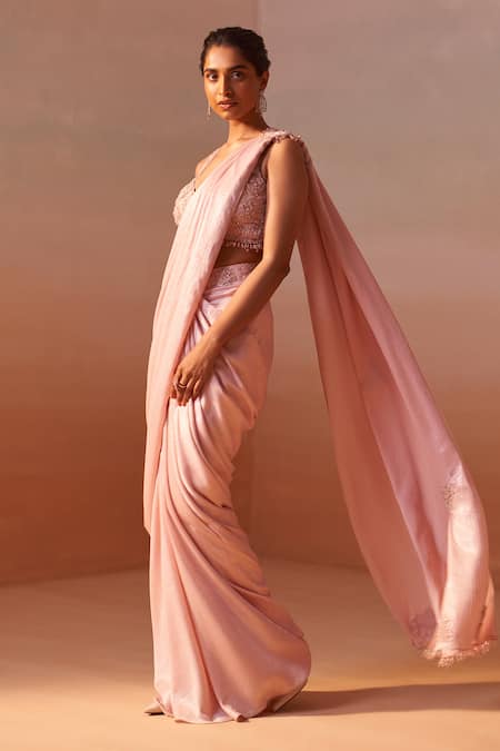 Shop_Nitika Gujral_Pink Organza, Satin, Silk 3d Rosa Embellished Blouse With Pre-draped Saree _Online_at_Aza_Fashions