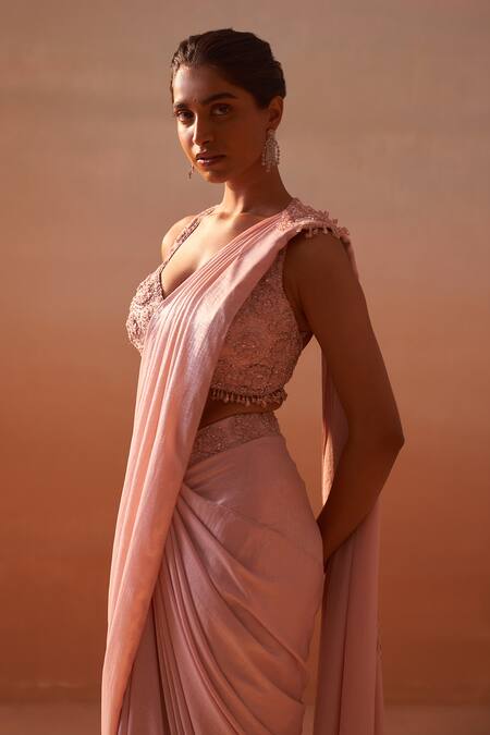 Nitika Gujral_Pink Organza, Satin, Silk 3d Rosa Embellished Blouse With Pre-draped Saree _at_Aza_Fashions