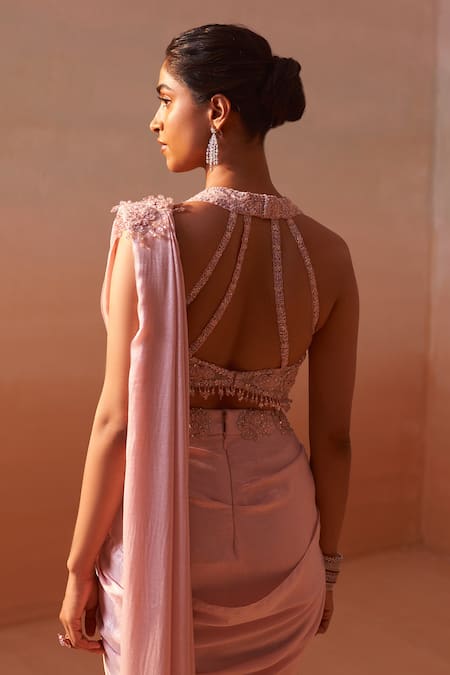 Buy_Nitika Gujral_Pink Organza, Satin, Silk 3d Rosa Embellished Blouse With Pre-draped Saree 