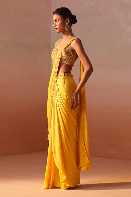 Buy Nitika Gujral Yellow Satin, Net Ambrosia Border Embroidered Pre-draped Saree With Bustier Online at Aza Fashions Buy_Nitika Gujral_Yellow Satin, Net Ambrosia Border Embroidered Pre-draped Saree With Bustier _Online_at_Aza_Fashions