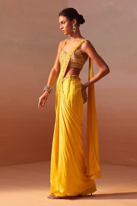 Shop Nitika Gujral Yellow Satin, Net Ambrosia Border Embroidered Pre-draped Saree With Bustier Online at Aza Fashions Shop_Nitika Gujral_Yellow Satin, Net Ambrosia Border Embroidered Pre-draped Saree With Bustier _Online_at_Aza_Fashions