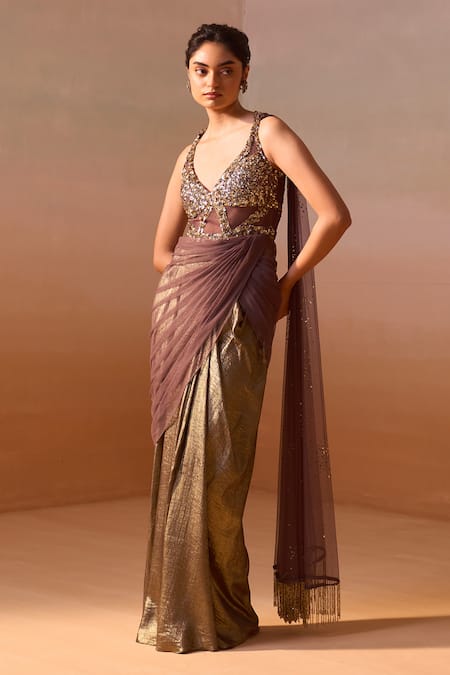 Nitika Gujral Sequin Encrusted Draped Saree Gown 