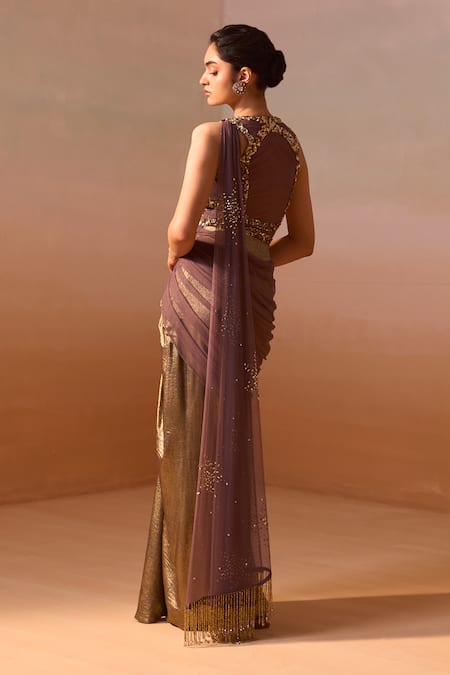 Nitika Gujral Brown Sequin Encrusted Draped Saree Gown 