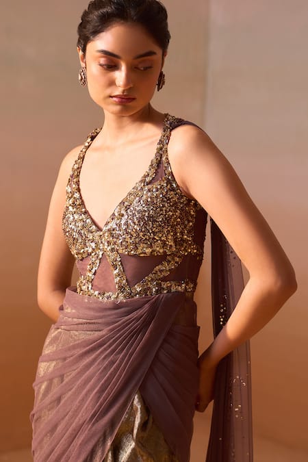 Nitika Gujral Brown Net, Silk Satin Sequins Halter Neck Encrusted Draped Saree Gown Online at Aza Fashions Nitika Gujral_Brown Net, Silk Satin Sequins Halter Neck Encrusted Draped Saree Gown _Online_at_Aza_Fashions