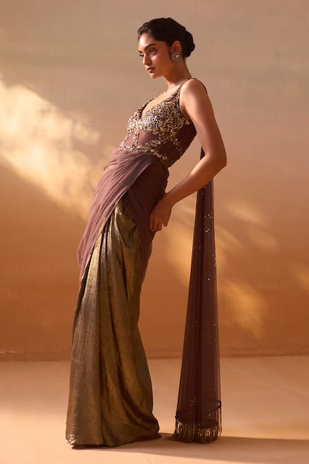 Buy Nitika Gujral Brown Net, Silk Satin Sequins Halter Neck Encrusted Draped Saree Gown Online at Aza Fashions Buy_Nitika Gujral_Brown Net, Silk Satin Sequins Halter Neck Encrusted Draped Saree Gown _Online_at_Aza_Fashions