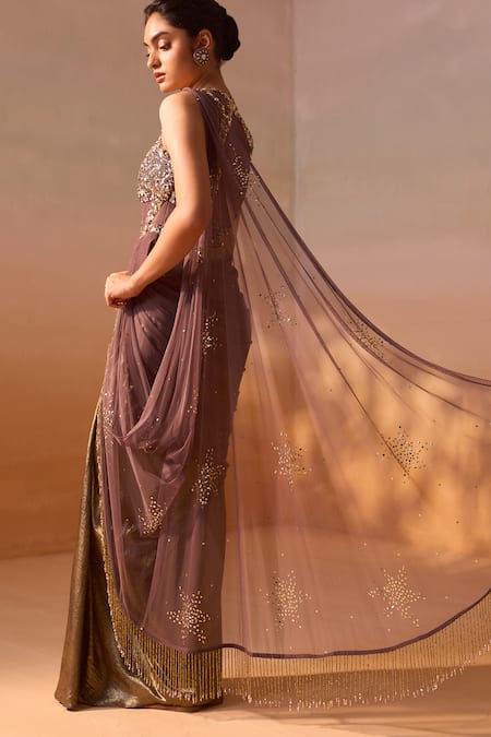 Shop Nitika Gujral Brown Net, Silk Satin Sequins Halter Neck Encrusted Draped Saree Gown Online at Aza Fashions Shop_Nitika Gujral_Brown Net, Silk Satin Sequins Halter Neck Encrusted Draped Saree Gown _Online_at_Aza_Fashions