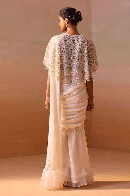 Nitika Gujral Scallop Nalki Zircon Embroidered Cape Pre-Draped Saree Set 