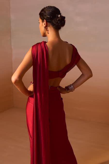 Shop Nitika Gujral Maroon Organza, Satin Floret Tassel Embellished Tube Bustier With Draped Skirt at Aza Fashions Shop_Nitika Gujral_Maroon Organza, Satin Floret Tassel Embellished Tube Bustier With Draped Skirt _at_Aza_Fashions