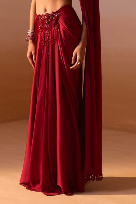 Nitika Gujral Maroon Organza, Satin Floret Tassel Embellished Tube Bustier With Draped Skirt Online at Aza Fashions Nitika Gujral_Maroon Organza, Satin Floret Tassel Embellished Tube Bustier With Draped Skirt _Online_at_Aza_Fashions