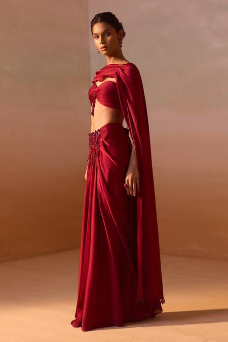 Buy Nitika Gujral Maroon Organza, Satin Floret Tassel Embellished Tube Bustier With Draped Skirt Online at Aza Fashions Buy_Nitika Gujral_Maroon Organza, Satin Floret Tassel Embellished Tube Bustier With Draped Skirt _Online_at_Aza_Fashions