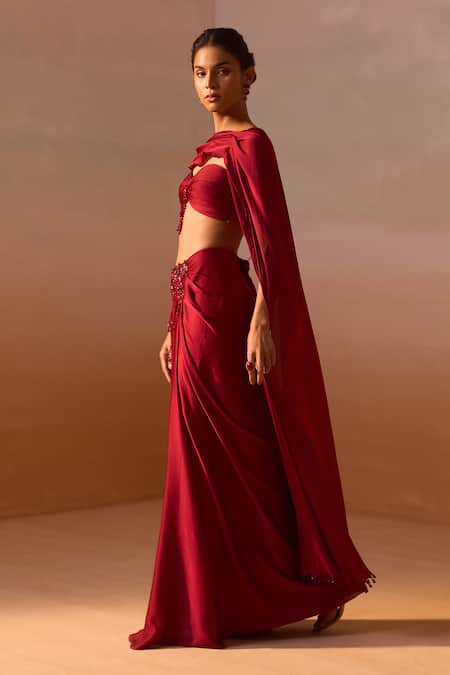 Shop Nitika Gujral Maroon Organza, Satin Floret Tassel Embellished Tube Bustier With Draped Skirt Online at Aza Fashions Shop_Nitika Gujral_Maroon Organza, Satin Floret Tassel Embellished Tube Bustier With Draped Skirt _Online_at_Aza_Fashions