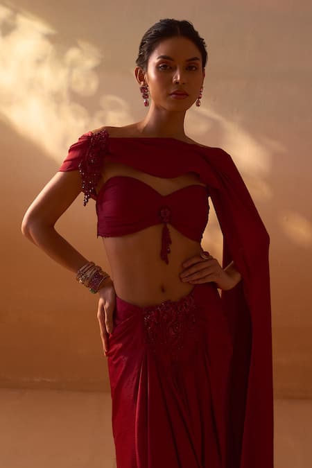 Buy Nitika Gujral Maroon Organza, Satin Floret Tassel Embellished Tube Bustier With Draped Skirt Buy_Nitika Gujral_Maroon Organza, Satin Floret Tassel Embellished Tube Bustier With Draped Skirt