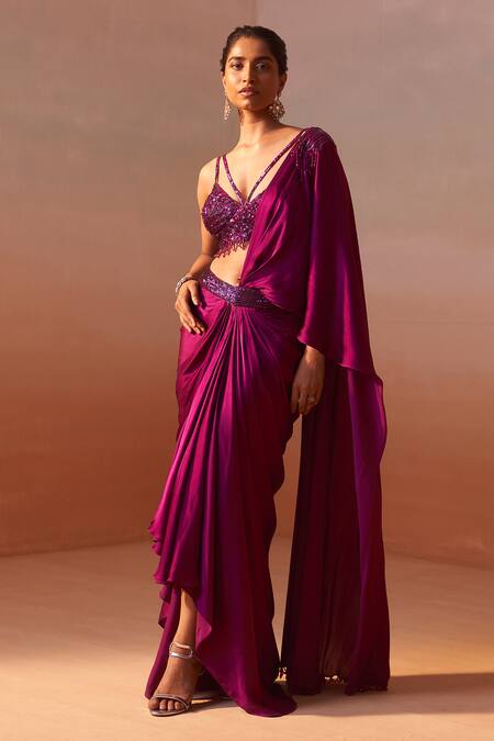 Nitika Gujral_Purple Net, Satin Sequins, Embellished Waistband Pre-draped Saree With Bustier _Online_at_Aza_Fashions