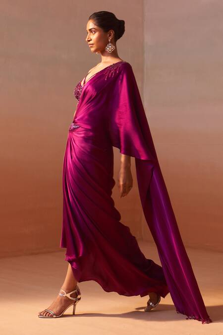 Buy_Nitika Gujral_Purple Net, Satin Sequins, Embellished Waistband Pre-draped Saree With Bustier _Online_at_Aza_Fashions
