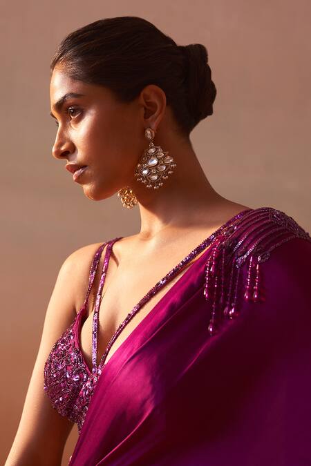 Nitika Gujral_Purple Net, Satin Sequins, Embellished Waistband Pre-draped Saree With Bustier _at_Aza_Fashions