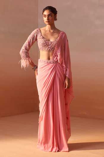 Nitika Gujral_Pink Net, Georgette, Satin Petunia Embroidered Pre-draped Saree With Blouse _Online_at_Aza_Fashions