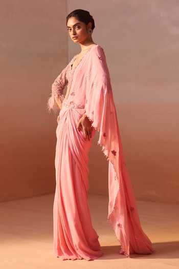 Buy_Nitika Gujral_Pink Net, Georgette, Satin Petunia Embroidered Pre-draped Saree With Blouse _Online_at_Aza_Fashions