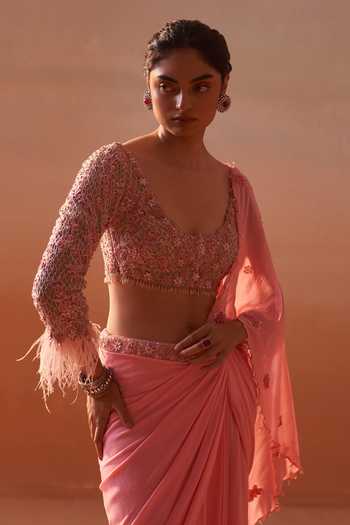 Shop_Nitika Gujral_Pink Net, Georgette, Satin Petunia Embroidered Pre-draped Saree With Blouse _Online_at_Aza_Fashions