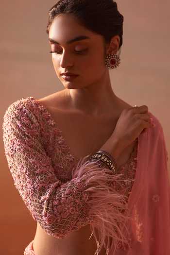 Nitika Gujral_Pink Net, Georgette, Satin Petunia Embroidered Pre-draped Saree With Blouse _at_Aza_Fashions