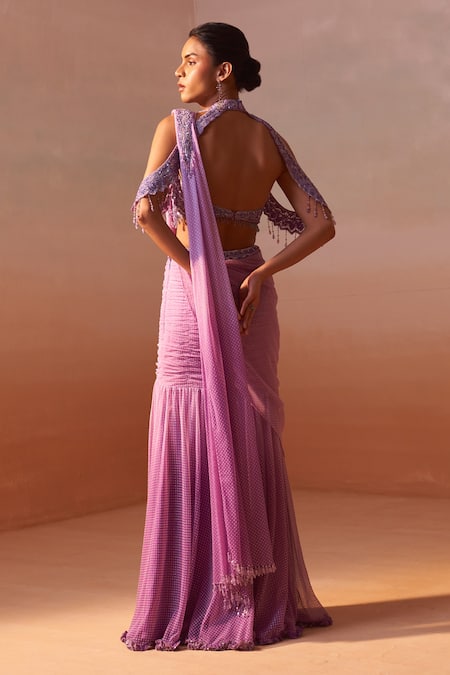 Shop Nitika Gujral Purple Net Sequins, Ombre Leather Print Pre Draped Saree With Embroidered Blouse at Aza Fashions Shop_Nitika Gujral_Purple Net Sequins, Ombre Leather Print Pre Draped Saree With Embroidered Blouse _at_Aza_Fashions