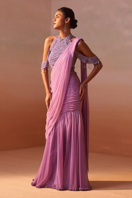 Nitika Gujral Purple Net Sequins, Ombre Leather Print Pre Draped Saree With Embroidered Blouse Online at Aza Fashions Nitika Gujral_Purple Net Sequins, Ombre Leather Print Pre Draped Saree With Embroidered Blouse _Online_at_Aza_Fashions