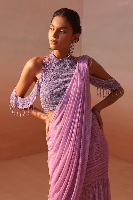 Buy Nitika Gujral Purple Net Sequins, Ombre Leather Print Pre Draped Saree With Embroidered Blouse Online at Aza Fashions Buy_Nitika Gujral_Purple Net Sequins, Ombre Leather Print Pre Draped Saree With Embroidered Blouse _Online_at_Aza_Fashions