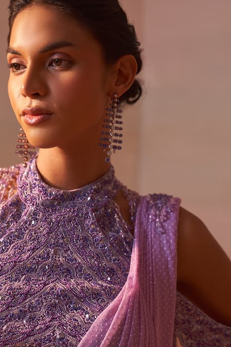 Shop Nitika Gujral Purple Net Sequins, Ombre Leather Print Pre Draped Saree With Embroidered Blouse Online at Aza Fashions Shop_Nitika Gujral_Purple Net Sequins, Ombre Leather Print Pre Draped Saree With Embroidered Blouse _Online_at_Aza_Fashions