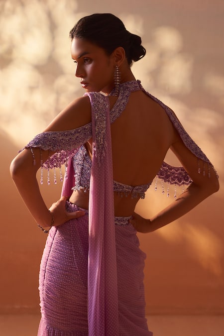 Nitika Gujral Purple Net Sequins, Ombre Leather Print Pre Draped Saree With Embroidered Blouse at Aza Fashions Nitika Gujral_Purple Net Sequins, Ombre Leather Print Pre Draped Saree With Embroidered Blouse _at_Aza_Fashions