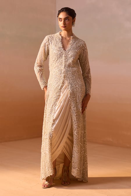 Nitika Gujral Long Embroidered Jacket Draped Skirt Set 