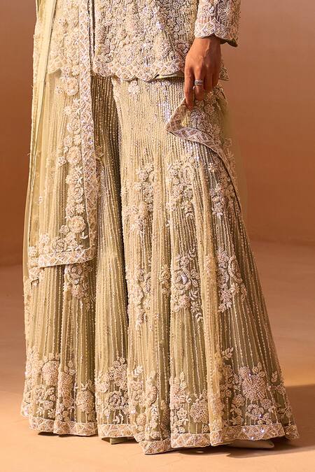 Nitika Gujral Green Net Sequins, Beads, Pearls, Embroidery, Floral Peplum Jacket Sharara Set Online at Aza Fashions Nitika Gujral_Green Net Sequins, Beads, Pearls, Embroidery, Floral Peplum Jacket Sharara Set _Online_at_Aza_Fashions