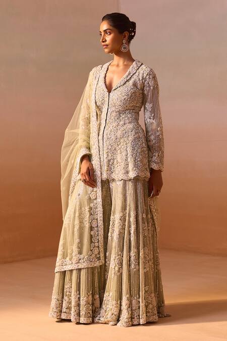 Buy Nitika Gujral Green Net Sequins, Beads, Pearls, Embroidery, Floral Peplum Jacket Sharara Set Online at Aza Fashions Buy_Nitika Gujral_Green Net Sequins, Beads, Pearls, Embroidery, Floral Peplum Jacket Sharara Set _Online_at_Aza_Fashions