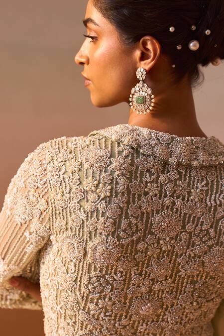 Buy Nitika Gujral Green Net Sequins, Beads, Pearls, Embroidery, Floral Peplum Jacket Sharara Set Buy_Nitika Gujral_Green Net Sequins, Beads, Pearls, Embroidery, Floral Peplum Jacket Sharara Set