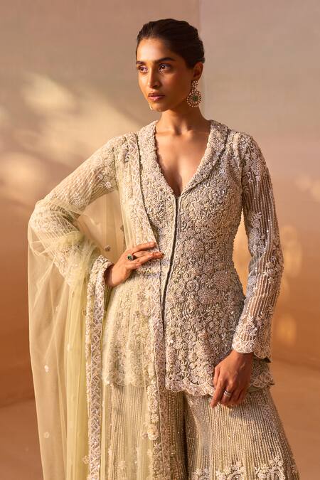Shop Nitika Gujral Green Net Sequins, Beads, Pearls, Embroidery, Floral Peplum Jacket Sharara Set Shop_Nitika Gujral_Green Net Sequins, Beads, Pearls, Embroidery, Floral Peplum Jacket Sharara Set