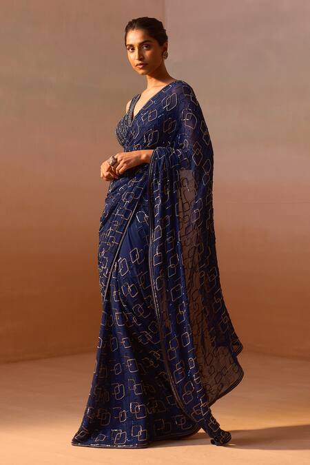 Nitika Gujral_Blue Georgette, Satin Sequins, Beads, Geometric Embroidered Saree With Blouse _Online_at_Aza_Fashions