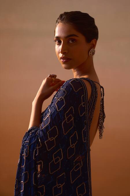 Buy_Nitika Gujral_Blue Georgette, Satin Sequins, Beads, Geometric Embroidered Saree With Blouse _Online_at_Aza_Fashions