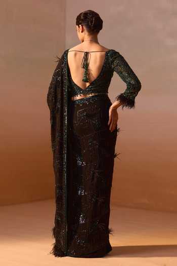 Shop Nitika Gujral Black Georgette, Satin Sequins, Feathers Asymmetric Work Saree With Blouse at Aza Fashions Shop_Nitika Gujral_Black Georgette, Satin Sequins, Feathers Asymmetric Work Saree With Blouse _at_Aza_Fashions