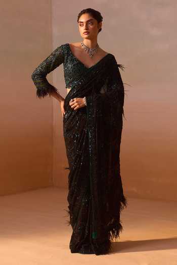 Nitika Gujral Black Georgette, Satin Sequins, Feathers Asymmetric Work Saree With Blouse Online at Aza Fashions Nitika Gujral_Black Georgette, Satin Sequins, Feathers Asymmetric Work Saree With Blouse _Online_at_Aza_Fashions