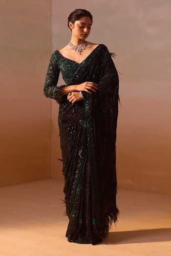 Buy Nitika Gujral Black Georgette, Satin Sequins, Feathers Asymmetric Work Saree With Blouse Online at Aza Fashions Buy_Nitika Gujral_Black Georgette, Satin Sequins, Feathers Asymmetric Work Saree With Blouse _Online_at_Aza_Fashions