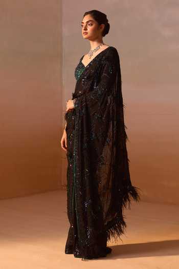 Shop Nitika Gujral Black Georgette, Satin Sequins, Feathers Asymmetric Work Saree With Blouse Online at Aza Fashions Shop_Nitika Gujral_Black Georgette, Satin Sequins, Feathers Asymmetric Work Saree With Blouse _Online_at_Aza_Fashions