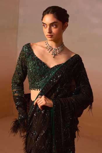Nitika Gujral Black Georgette, Satin Sequins, Feathers Asymmetric Work Saree With Blouse at Aza Fashions Nitika Gujral_Black Georgette, Satin Sequins, Feathers Asymmetric Work Saree With Blouse _at_Aza_Fashions