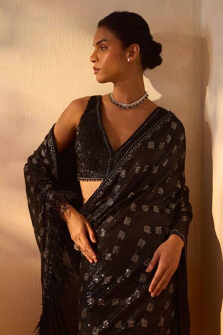 Shop_Nitika Gujral_Black Georgette, Satin Embroidery V-neck Geometric Saree With Blouse _Online_at_Aza_Fashions