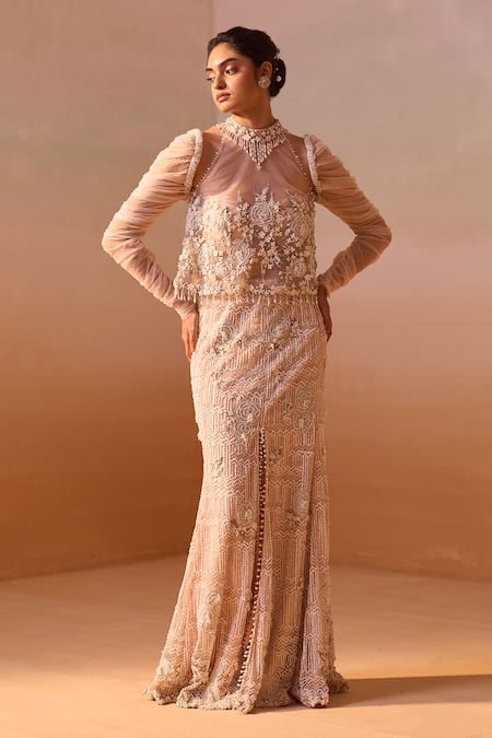 Nitika Gujral_Peach Net, Satin Pearls, Sequins, Beads, Stones High Embroidered Slit Skirt Set _Online_at_Aza_Fashions